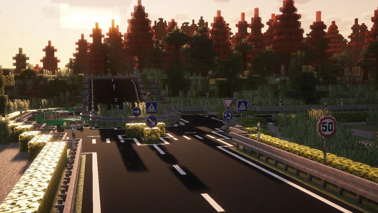 A street example build in the Overworld with many of the new decorative blocks being visable.